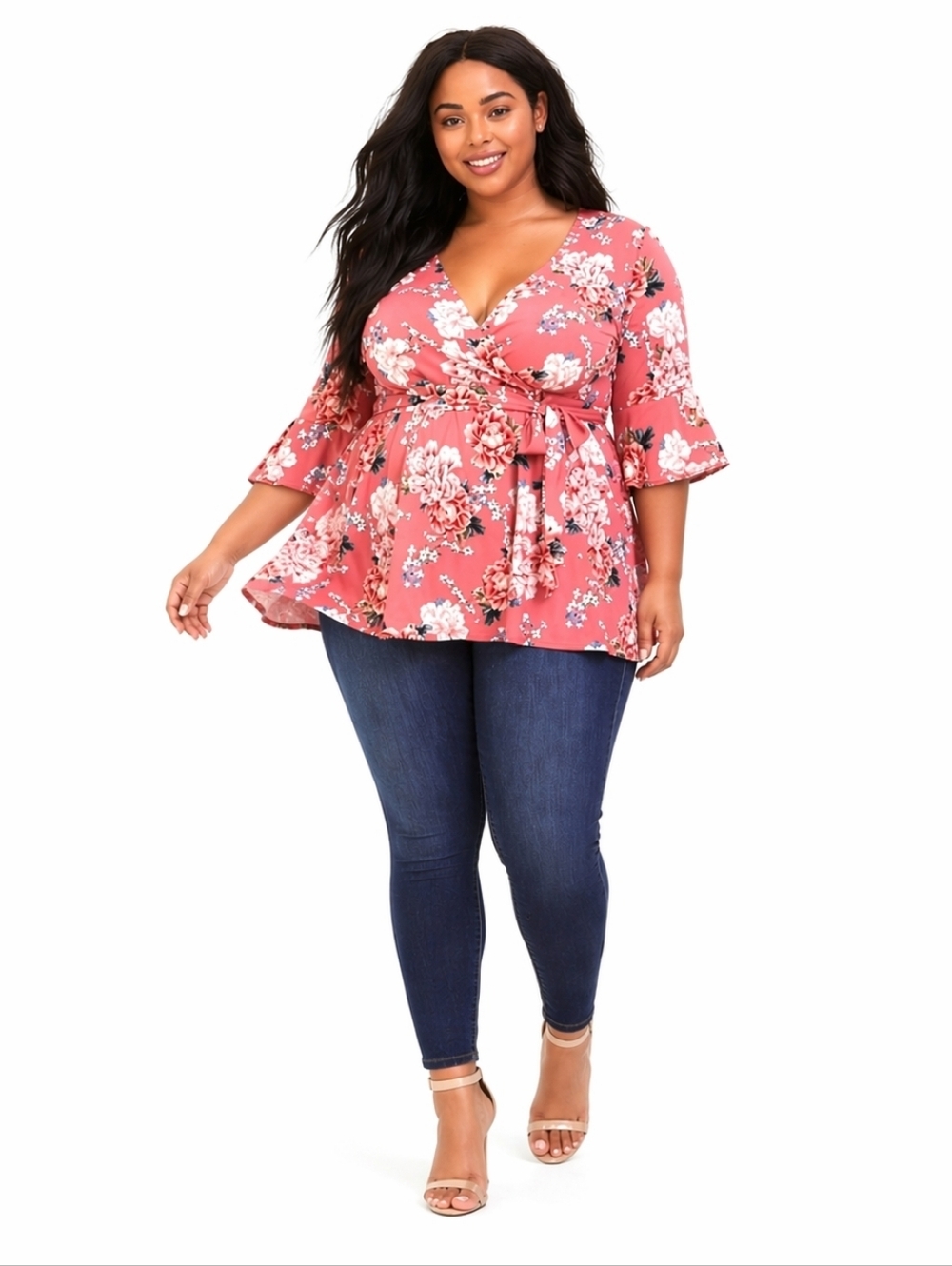Torrid 2X Pink Floral Faux Wrap Peplum Blouse Bell Sleeve Tie Waist V-Neck Top